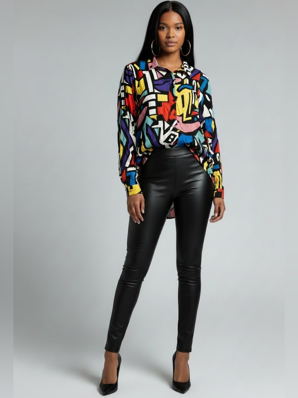 Vibrant Abstract Print Button-Up Blouse